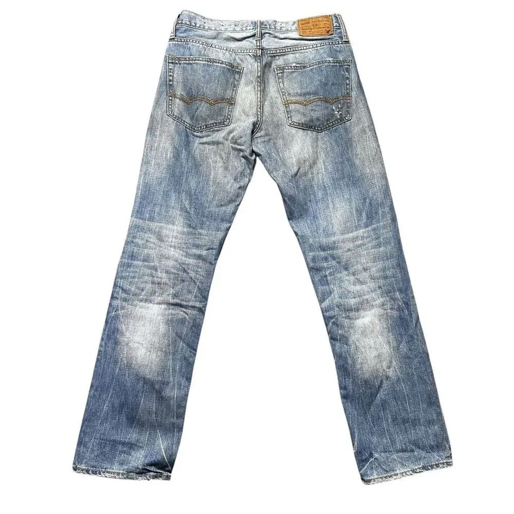 American Eagle Mens 29x32 Relaxed Straight Jeans Blue Distressed Western EUC